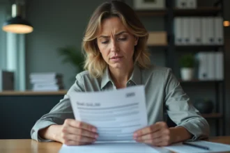 Femme daffaires examine un bulletin de salaire et contrat