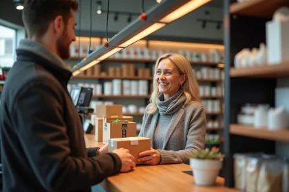 Femme souriante donnant un colis à un employé dans un magasin à Lille