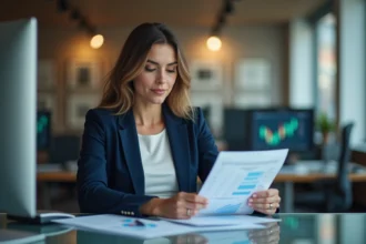 Femme cadre analysant des données financières dans un bureau moderne pour identifier les métiers les mieux rémunérés