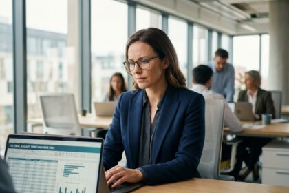 Femme cadre analysant les écarts de salaire sur un ordinateur portable dans un bureau moderne