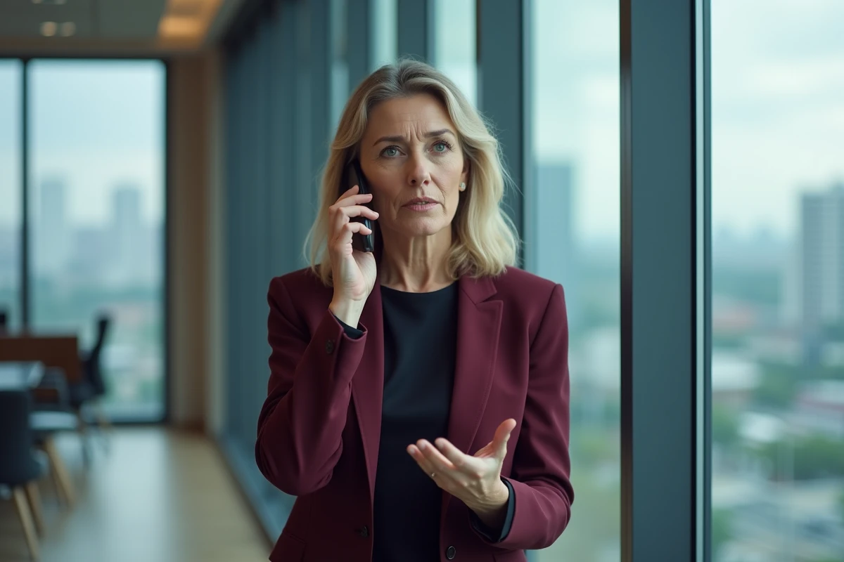 Femme cadre exprimant son intérêt pour un poste lors d'un appel téléphonique professionnel et posé