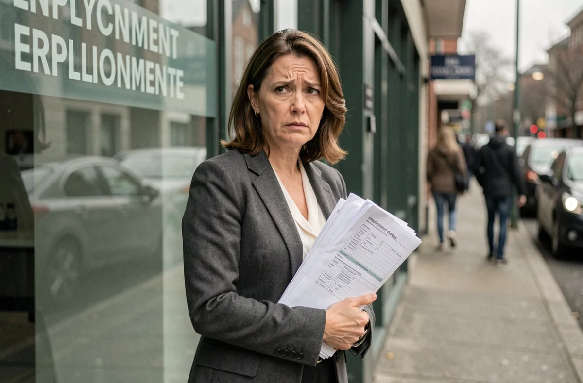 Femme salariée inquiète tenant des documents devant une agence pour l'emploi, illustrant les risques du CSP en CDI