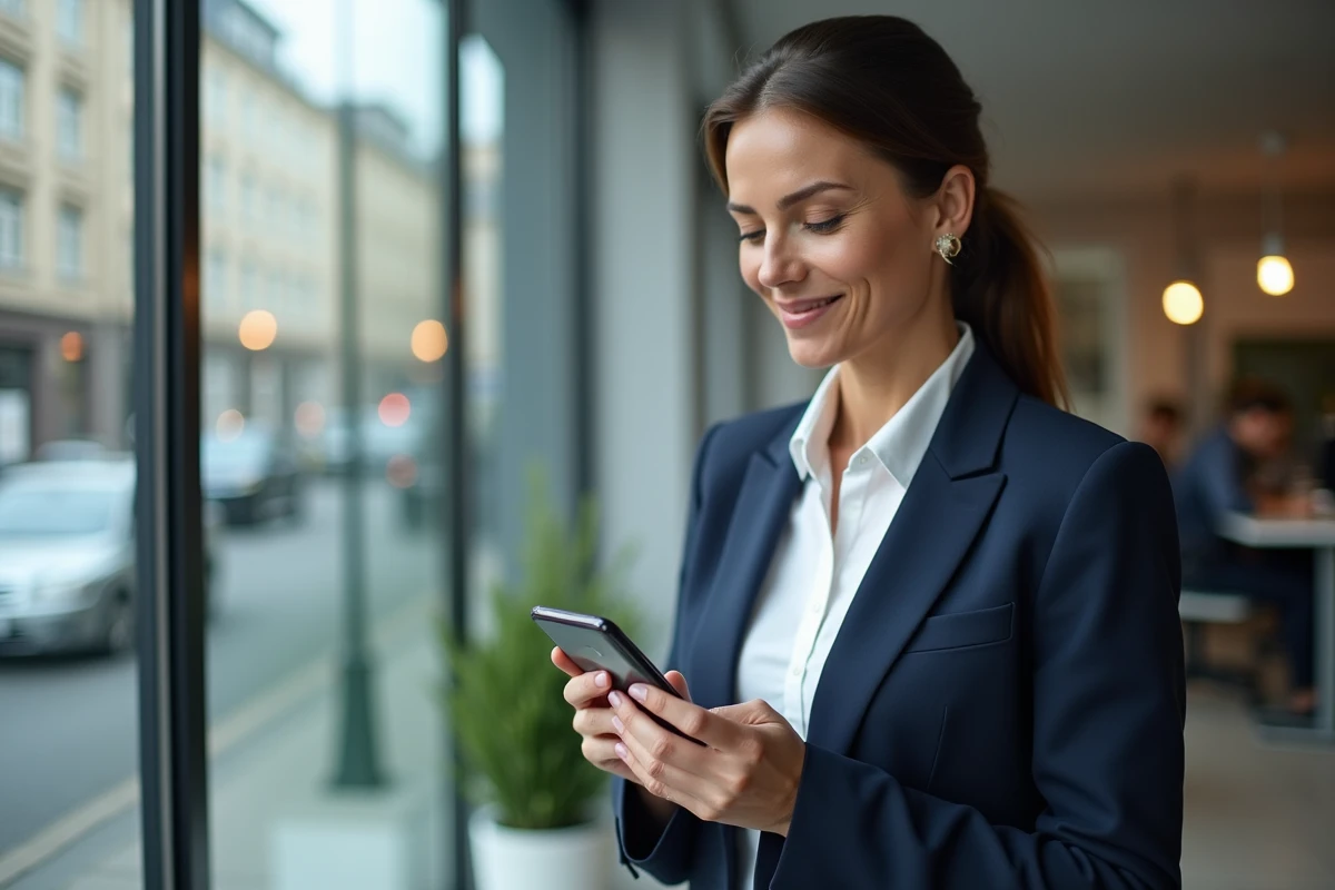 Femme cheffe d'entreprise gérant ses factures sur smartphone dans un espace de coworking moderne