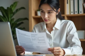 Femme consultant des documents d'informations d'entreprise sur Pappers à son bureau à domicile