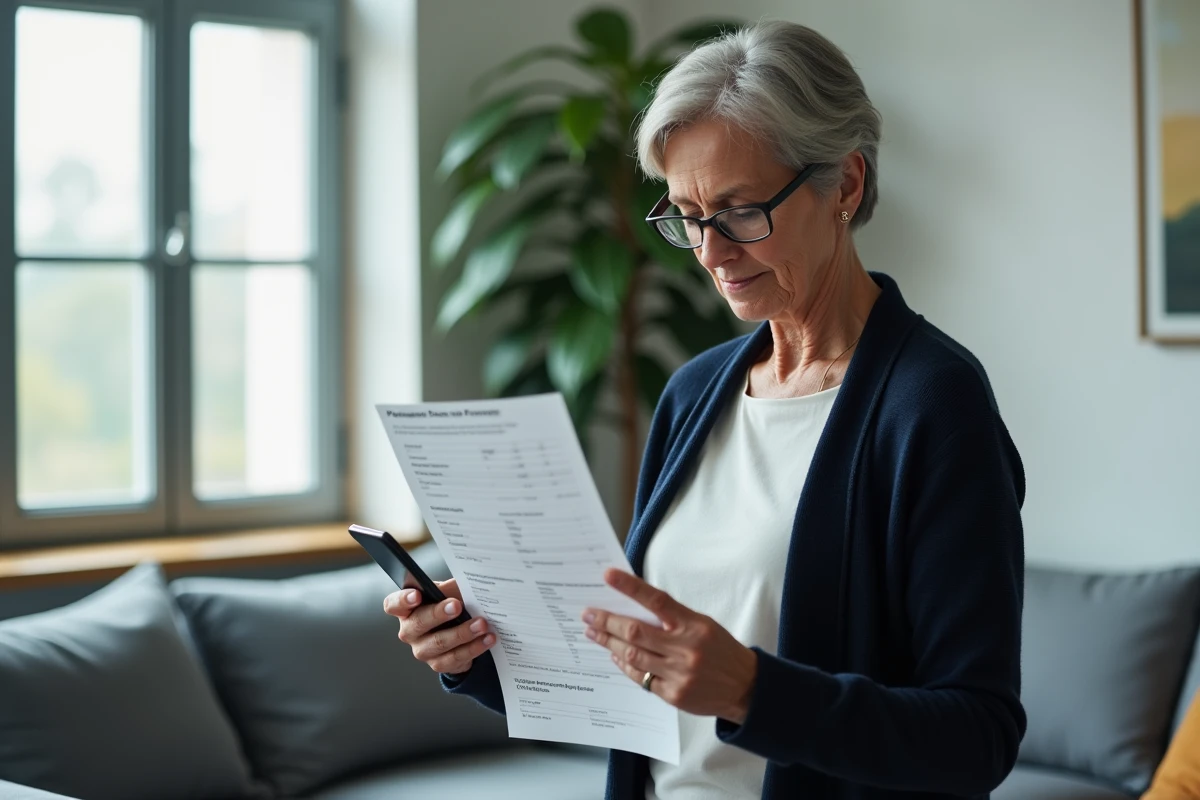 Femme senior consultant sa facture France Télécom dans son salon avant d'appeler le service client pour un litige ou une demande de résiliation
