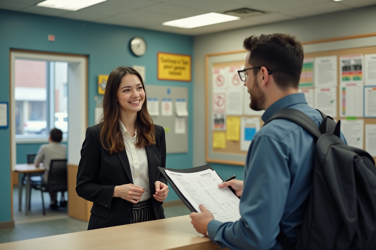 Jeune femme consultante avec un agent dans un bureau municipal québécois