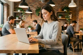 Femme travaillant dans un espace de coworking La Ruche, assise à un bureau partagé en bois avec un ordinateur portable