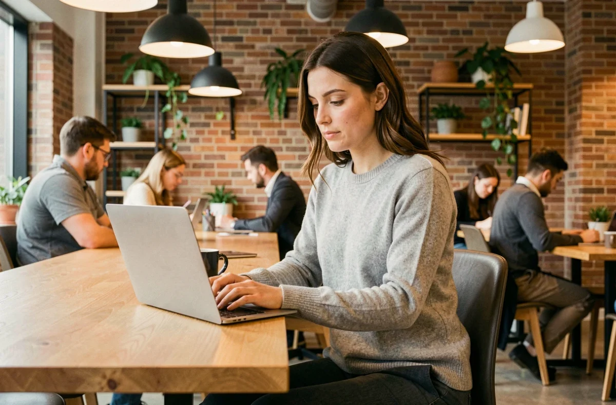 Femme travaillant dans un espace de coworking La Ruche, assise à un bureau partagé en bois avec un ordinateur portable