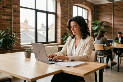 Femme travaillant dans un espace de coworking moderne à Pau avec vue sur les toits de la ville