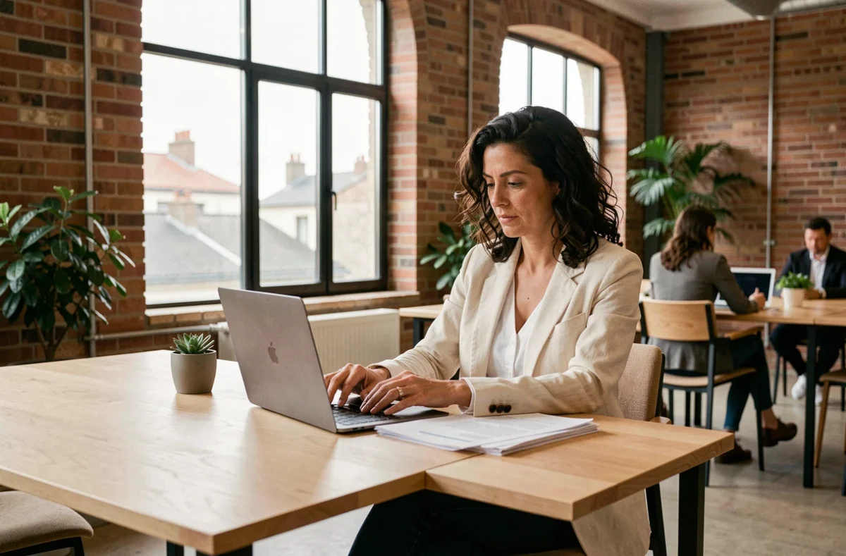 Femme travaillant dans un espace de coworking moderne à Pau avec vue sur les toits de la ville
