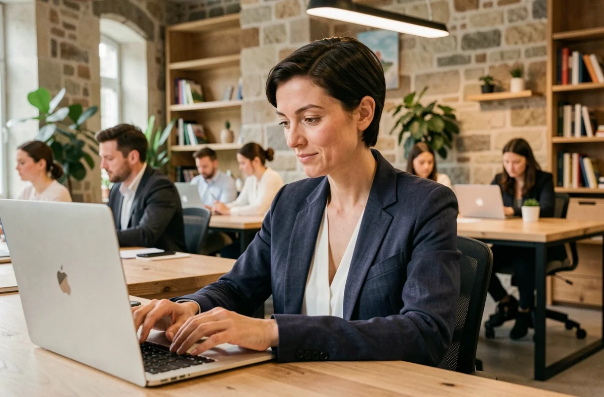 Femme travaillant sur un ordinateur portable dans un espace de coworking à Saumur avec des murs en pierre apparente
