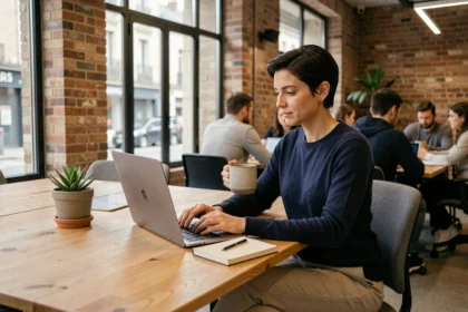 Femme en coworking à Tarbes travaillant sur ordinateur portable dans un espace de travail partagé moderne