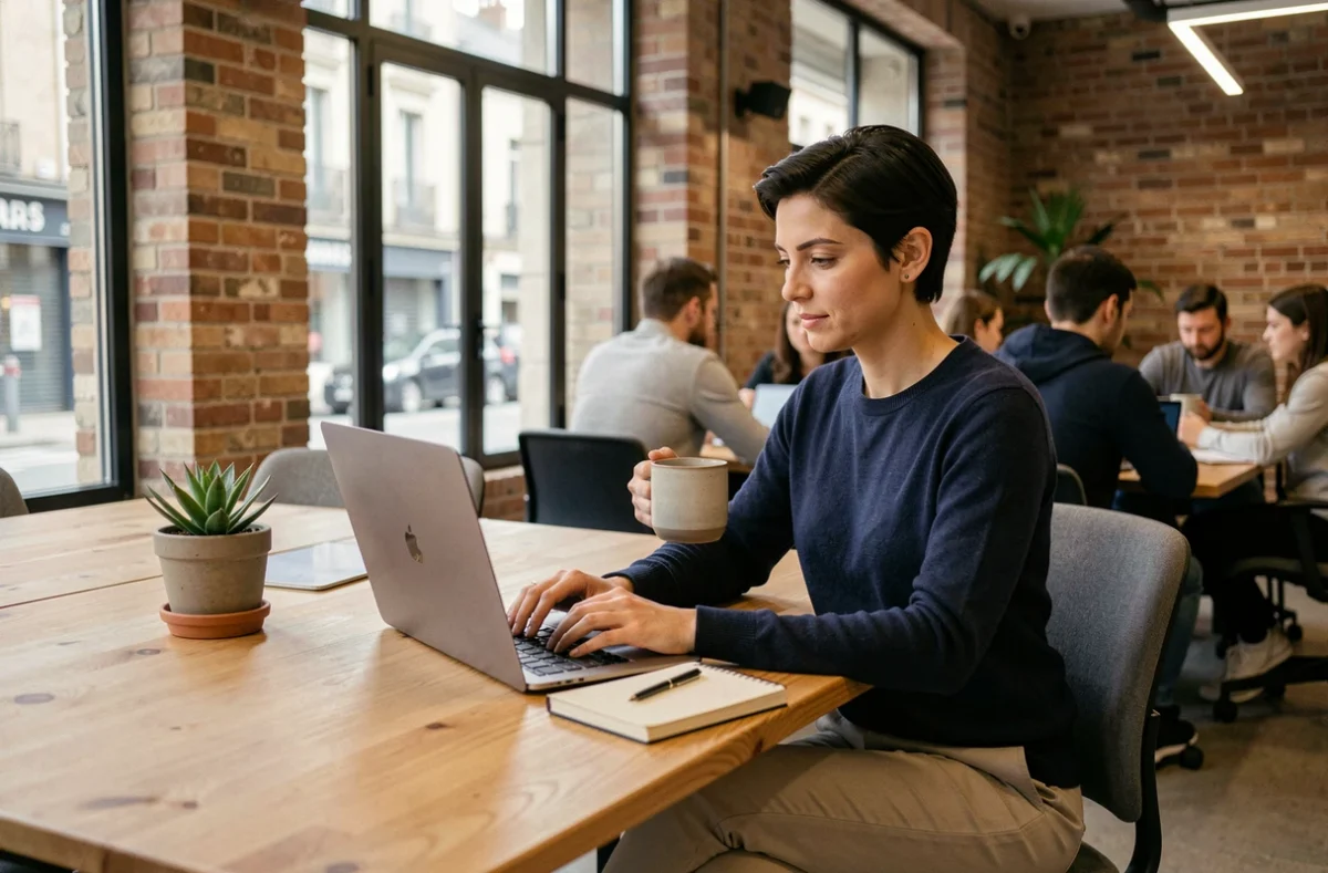 Femme en coworking à Tarbes travaillant sur ordinateur portable dans un espace de travail partagé moderne
