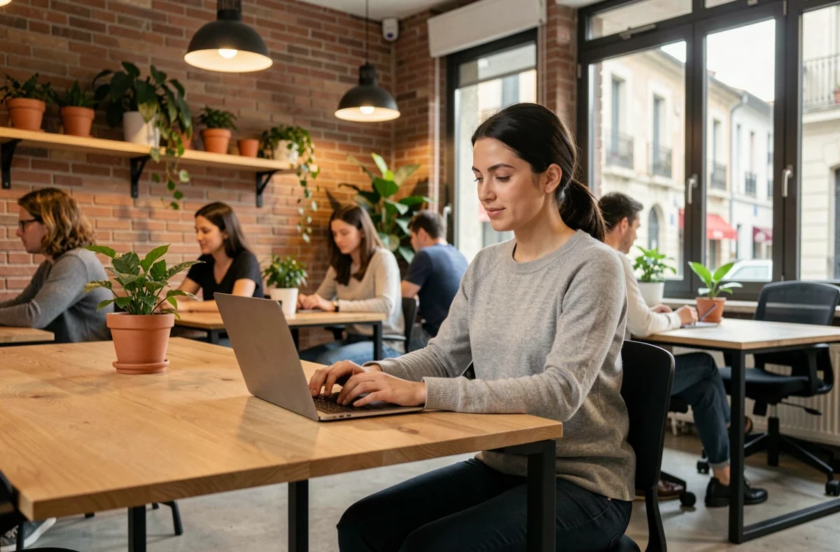 Femme travaillant dans un espace de coworking moderne à Toulouse avec des murs en briques apparentes