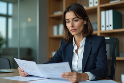 Femme d'affaires en réunion de travail avec documents