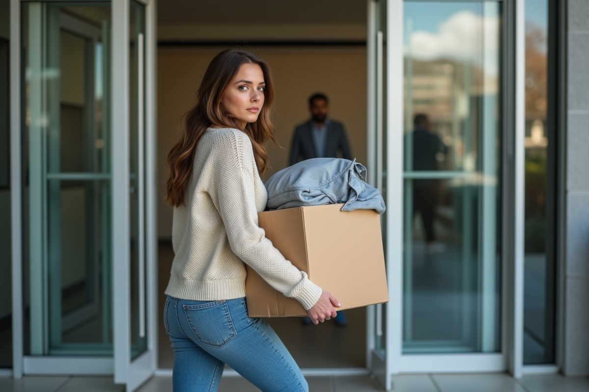 Femme quittant son travail avec une boîte personnelle