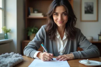 Femme écrivant une lettre à la main dans un bureau à domicile