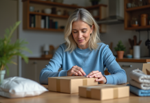 Femme en train d'emballer des colis à la maison