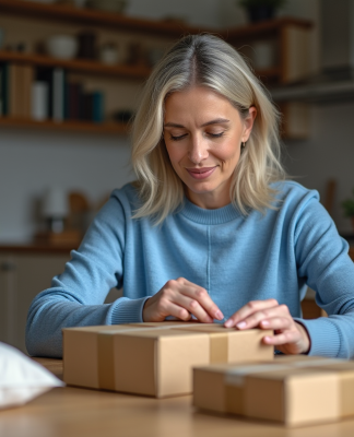 Femme en train d'emballer des colis à la maison