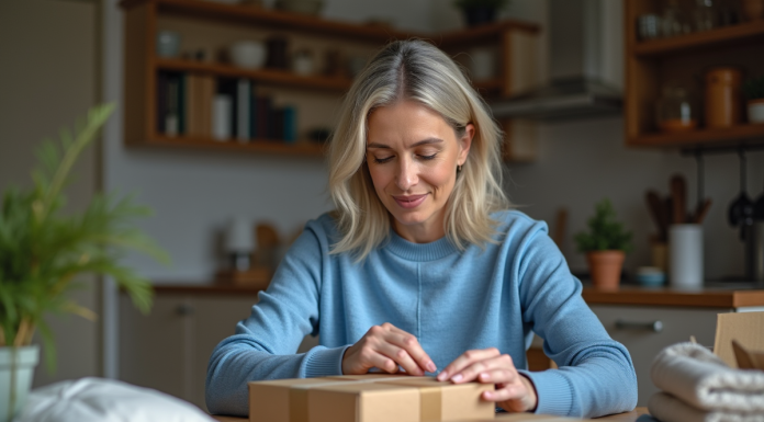 Femme en train d'emballer des colis à la maison