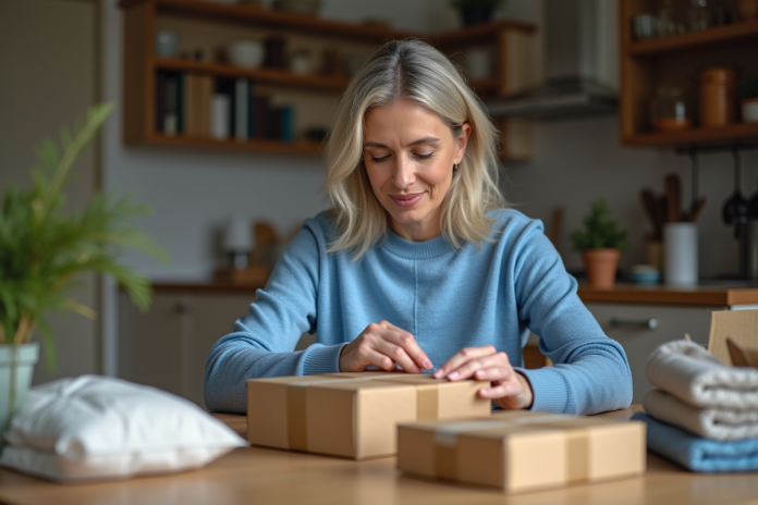 Femme en train d'emballer des colis à la maison