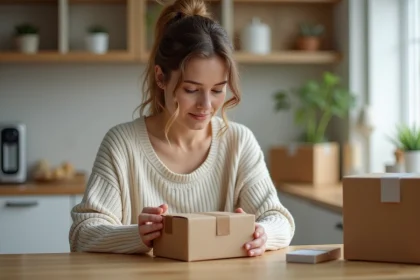 Femme dans sa cuisine emballant des petits cartons