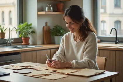 Femme en cuisine emballant des échantillons avec soin