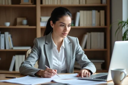 Femme entrepreneur en blazer gris consultant des documents administratifs pour choisir l'activité principale de son entreprise lors d'une immatriculation