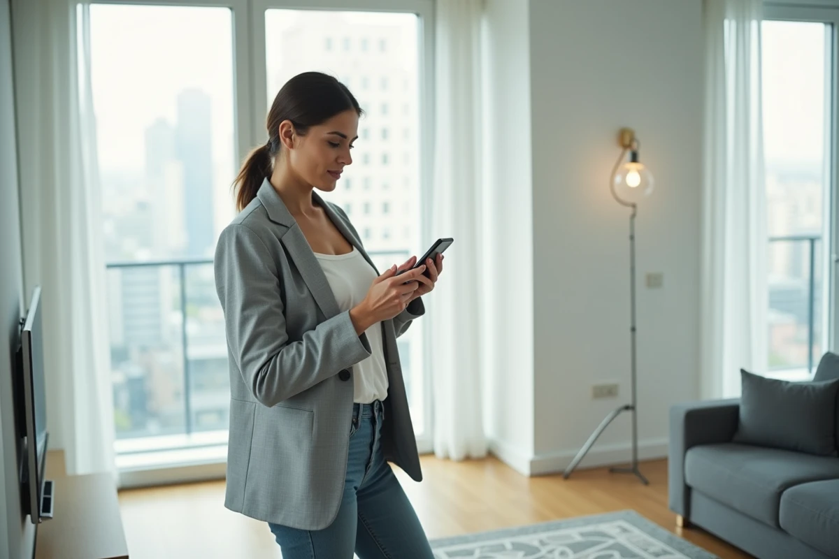 Femme entrepreneur consultant une grille de tarifs sur smartphone dans un appartement moderne et épuré