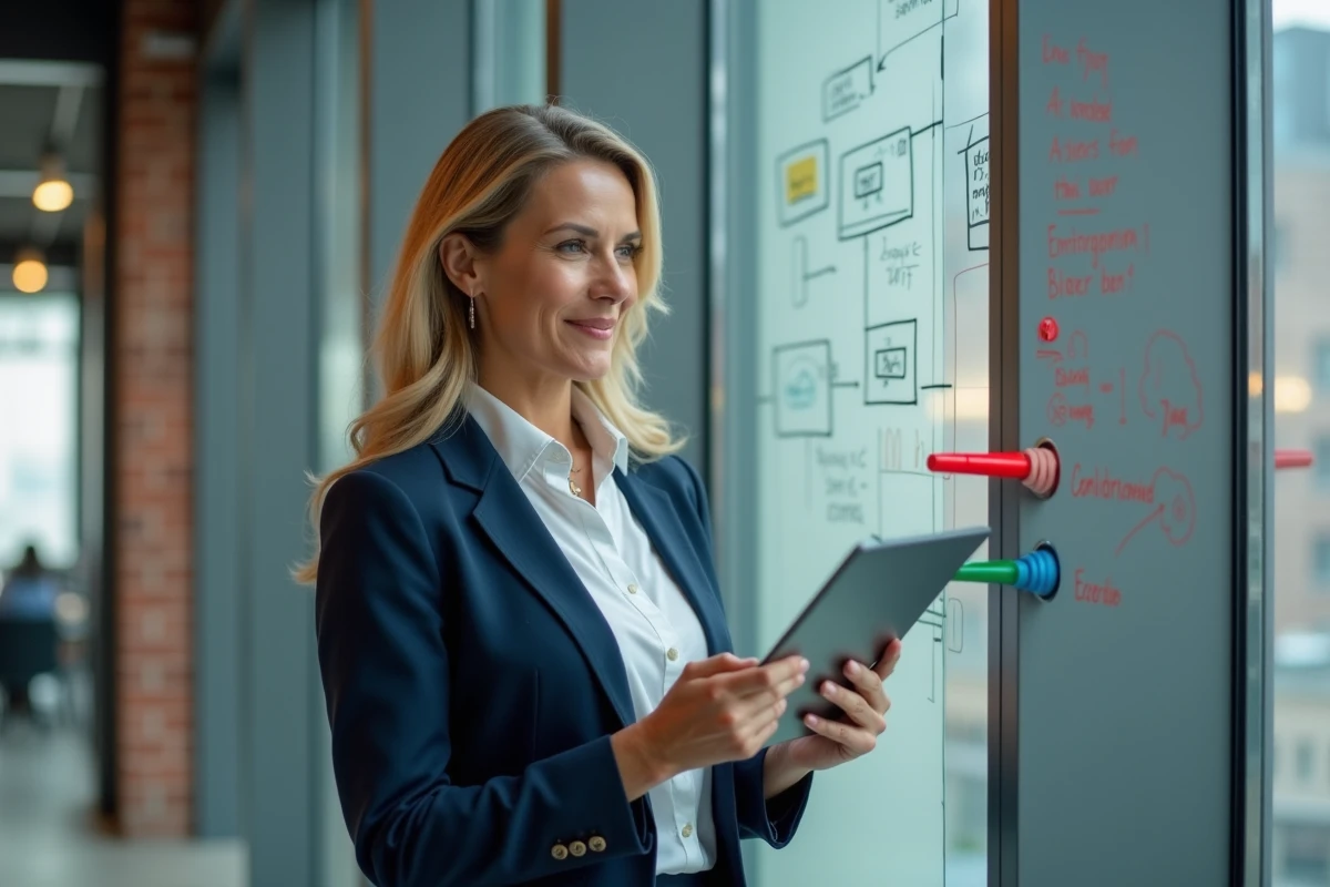 Femme entrepreneure dessinant un plan d