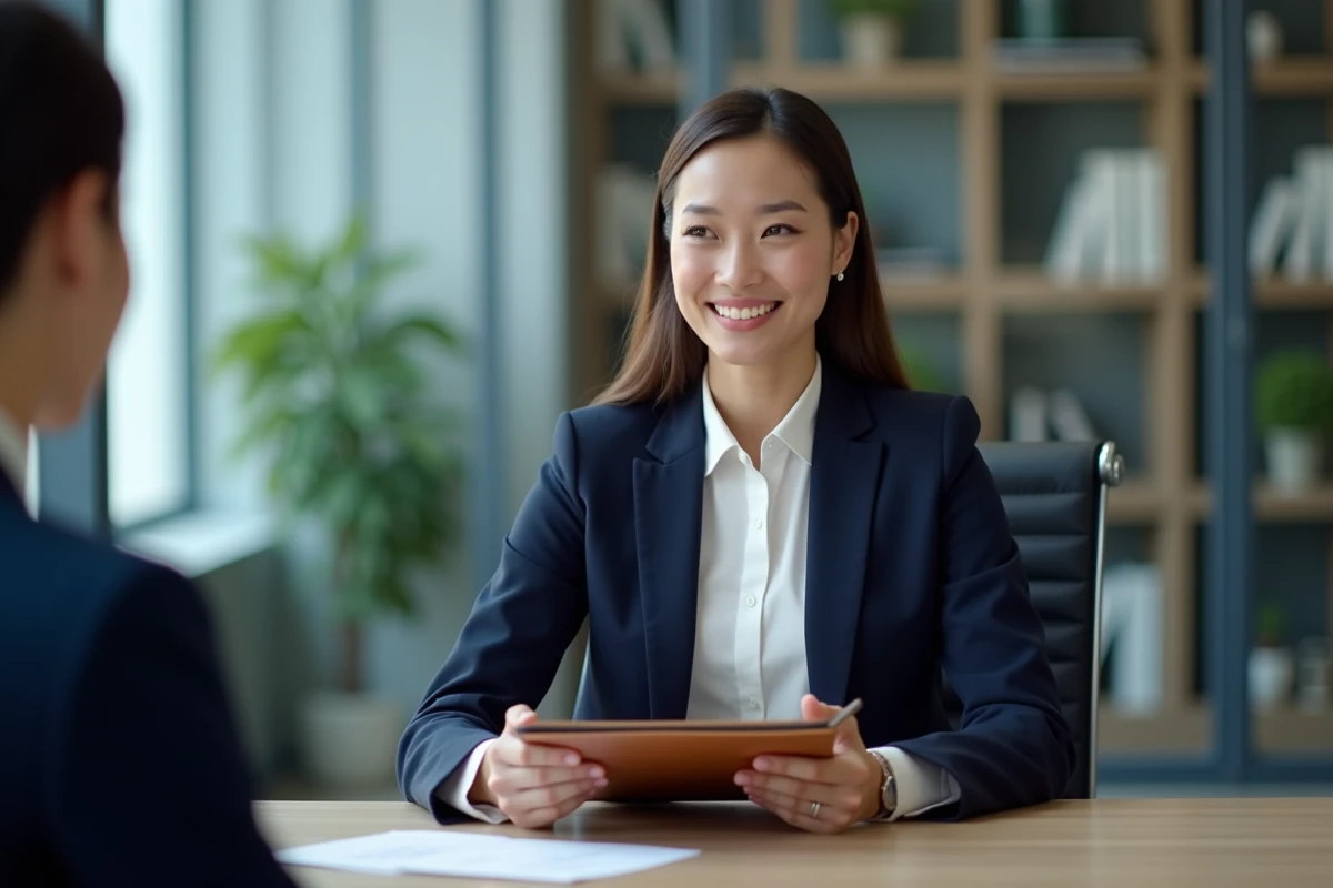 Femme professionnelle en entretien d'embauche exprimant sa motivation avec assurance et naturel