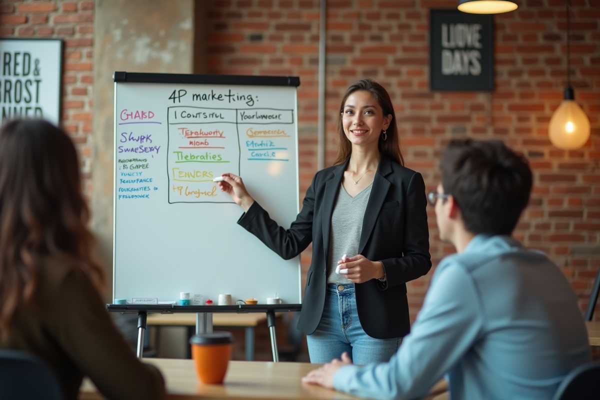 Jeune femme expliquant le mix marketing avec tableau blanc