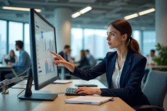 Femme professionnelle pointant un tableau de bord de gestion de projet sur un écran d'ordinateur dans un bureau moderne