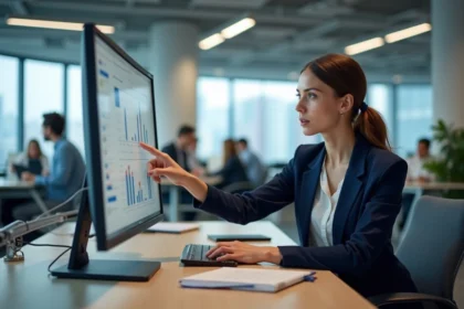 Femme professionnelle pointant un tableau de bord de gestion de projet sur un écran d'ordinateur dans un bureau moderne