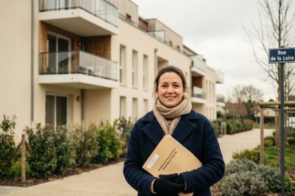 Femme professionnelle souriante devant un immeuble neuf à Vertou