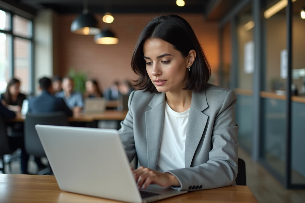 Femme freelance travaillant dans un espace de coworking moderne sur sa planification annuelle d'indépendante