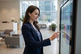 Jeune femme professionnelle utilisant un kiosque interactif moderne