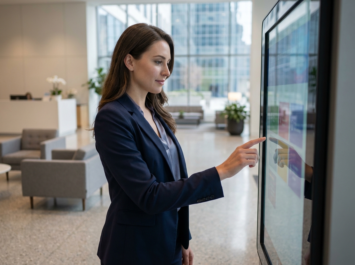 Jeune femme professionnelle utilisant un kiosque interactif moderne