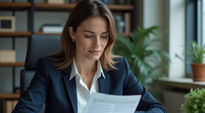 Femme en costume lisant un document juridique dans un bureau professionnel