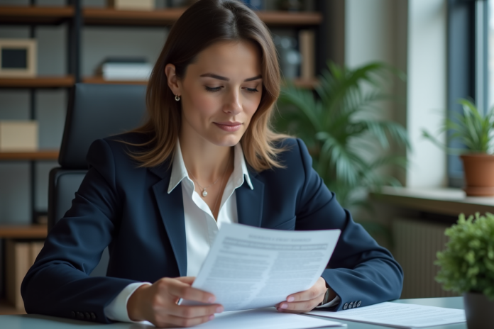 femme-lecture-dossier-droit Femme en costume lisant un document juridique dans un bureau professionnel