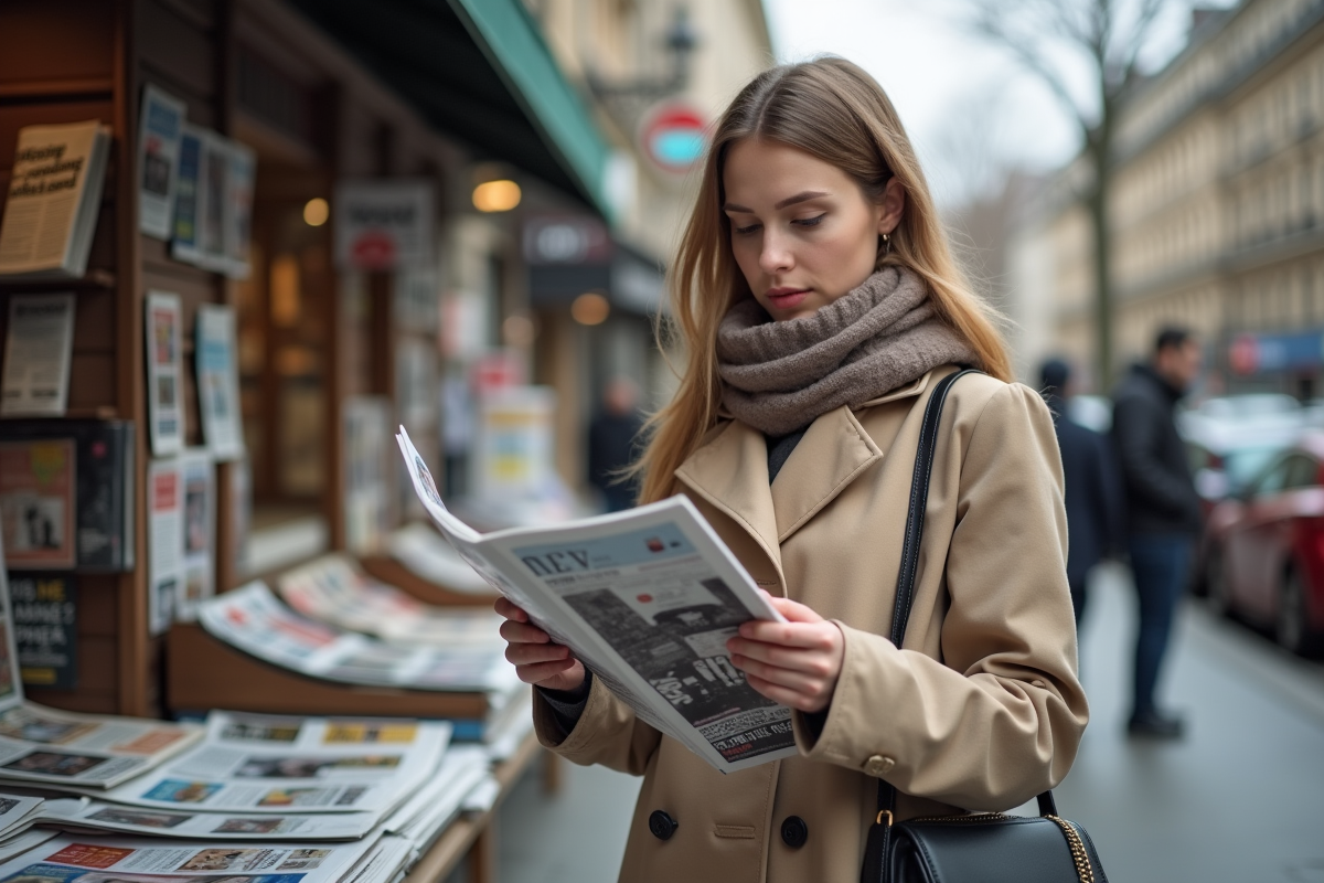 Jeune femme lisant un magazine dans une rue urbaine