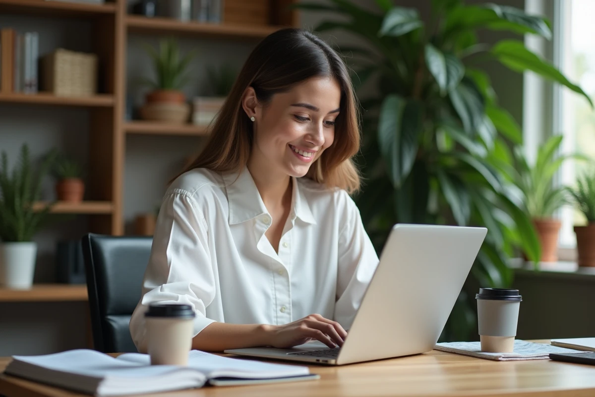 Jeune femme travaillant sur son ordinateur dans un bureau à domicile