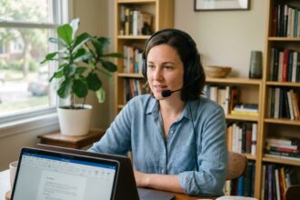 Femme en écouteurs parlant dans un bureau à domicile