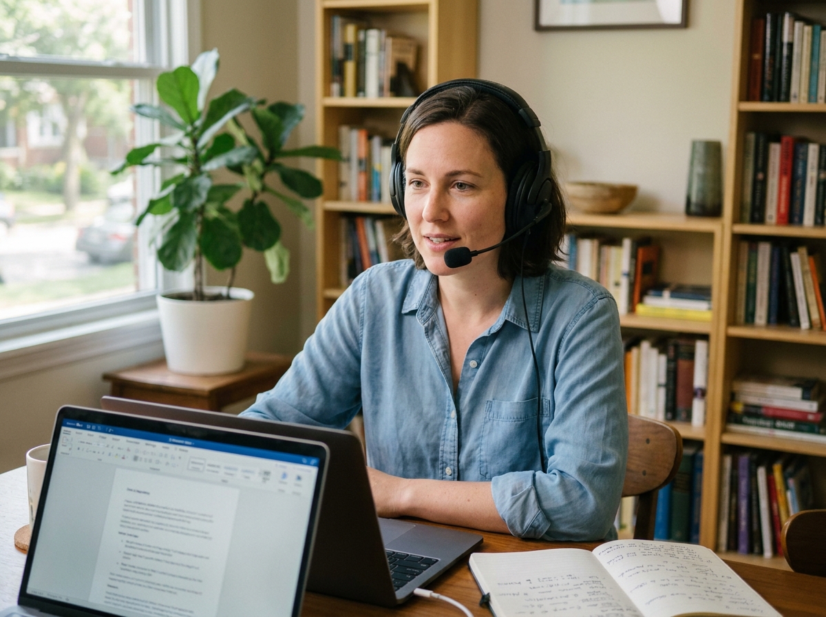 Femme en écouteurs parlant dans un bureau à domicile
