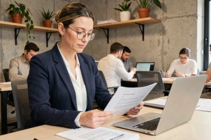 Femme professionnelle en portage salarial examinant un contrat dans un espace de coworking à Pau