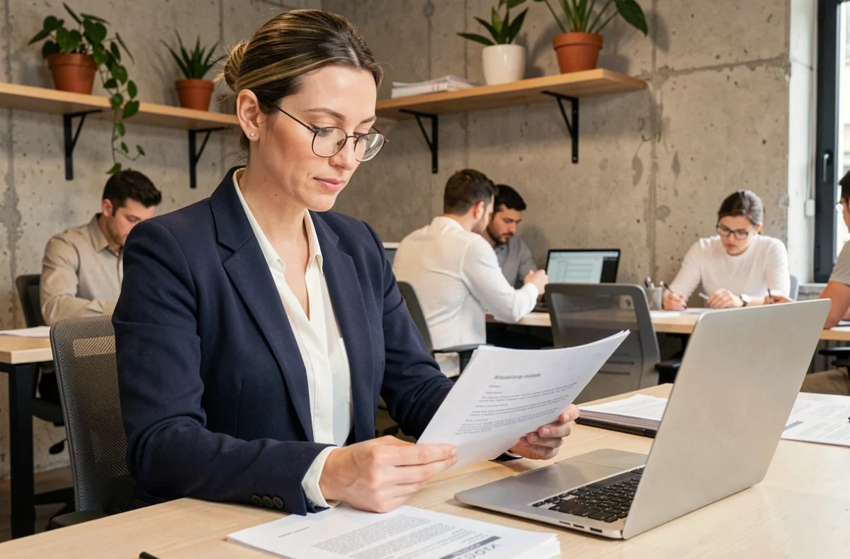 Femme professionnelle en portage salarial examinant un contrat dans un espace de coworking à Pau