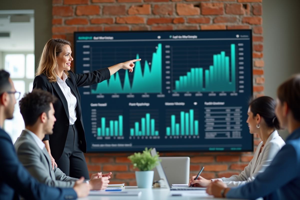Femme en réunion pointant un graphique sur un tableau numérique