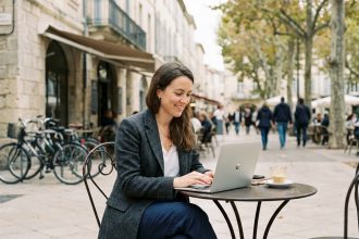 Femme d'affaires souriante travaillant sur un ordinateur portable en terrasse