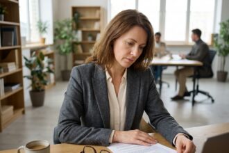 Femme professionnelle consultant un contrat d'assurance professionnelle dans un bureau moderne
