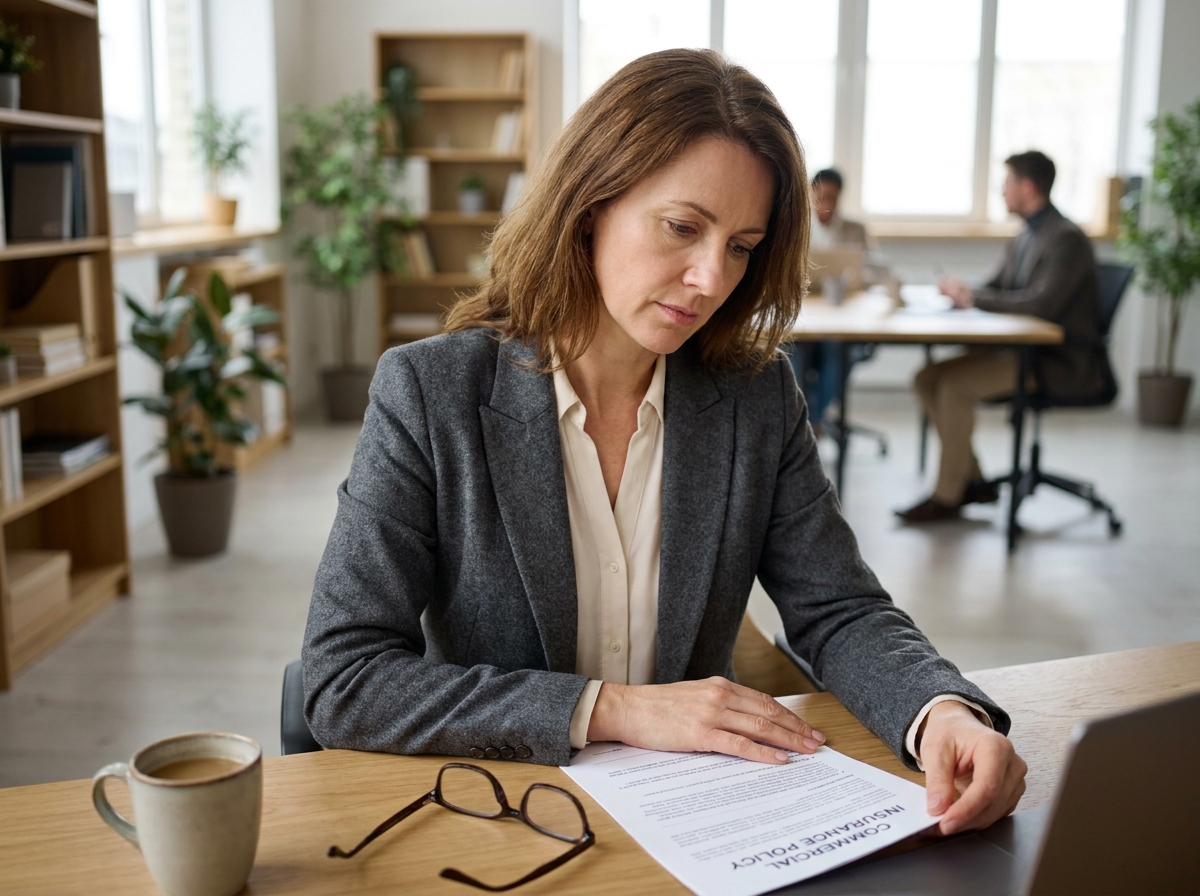 Femme professionnelle consultant un contrat d'assurance professionnelle dans un bureau moderne